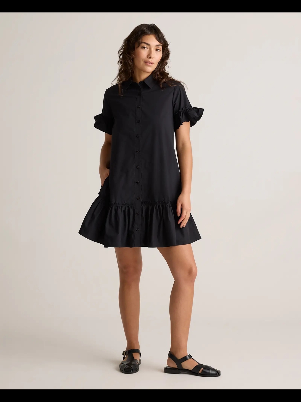 Quince 100% Organic Cotton Poplin Short Sleeve Ruffle Shirt Dress Black Medium